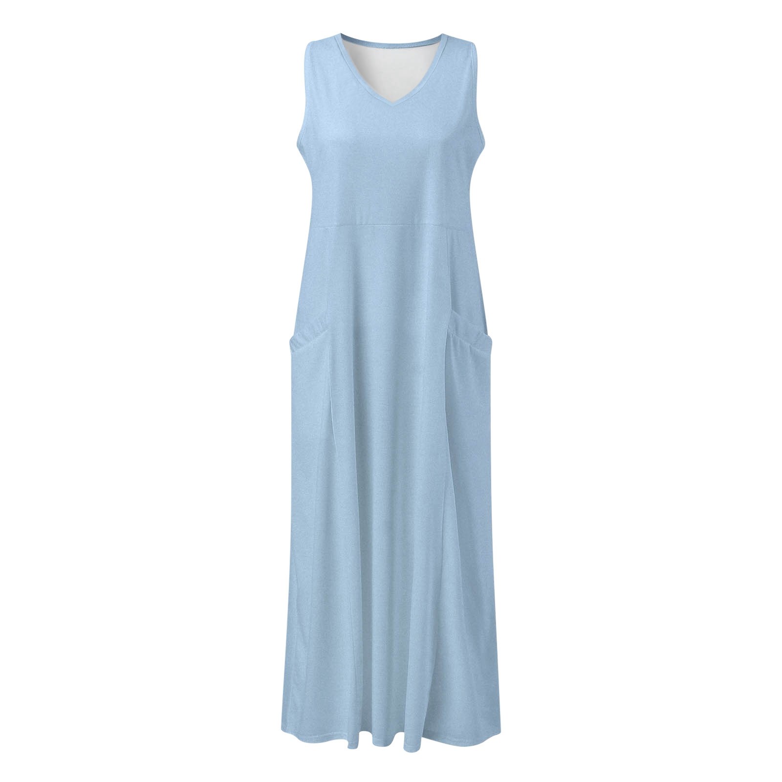 thumbnail image 4 of Vestido largo sin mangas con cuello en V y color liso para mujer: corte holgado, bolsillos, vestido informal cómodo para el día a día., 4 of 5